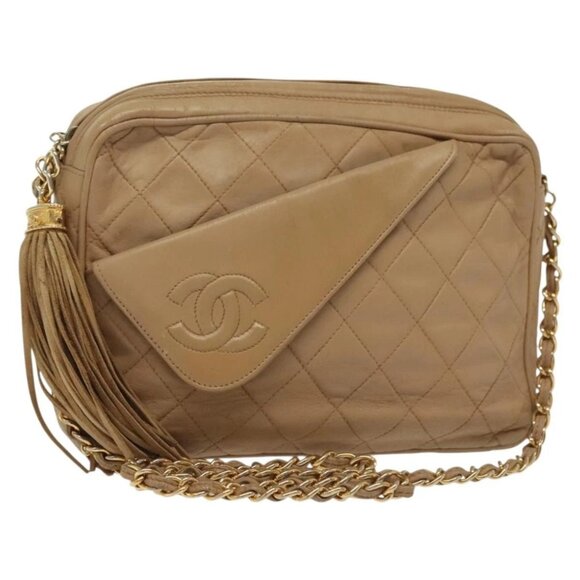 CHANEL Matelasse Chain Shoulder Bag Lamb Skin Beige Gold CC Auth bs28861 - Picture 1 of 16